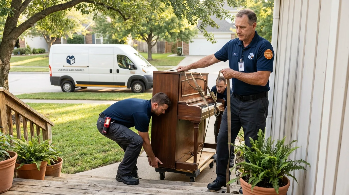 Licensed piano movers securing grand piano in Gering, NE