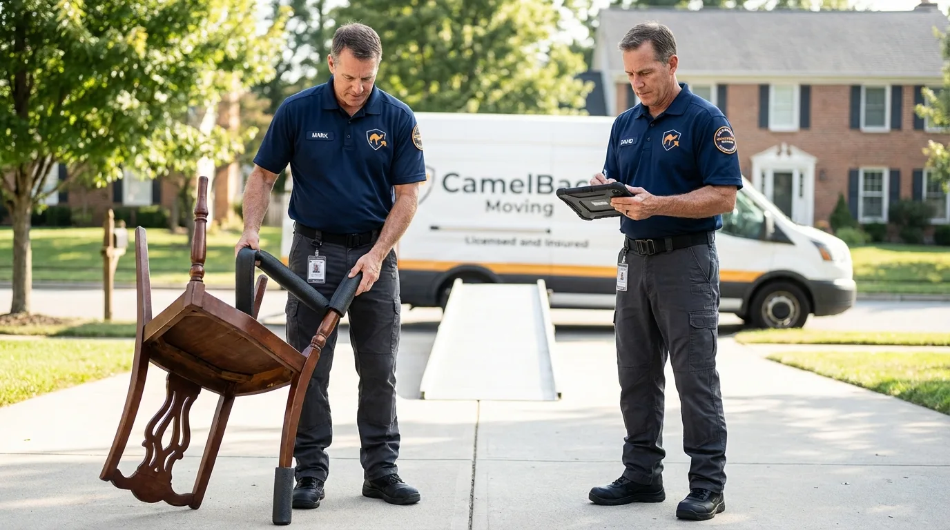 Movers inspecting furniture for damage prevention before loading in Gering, NE