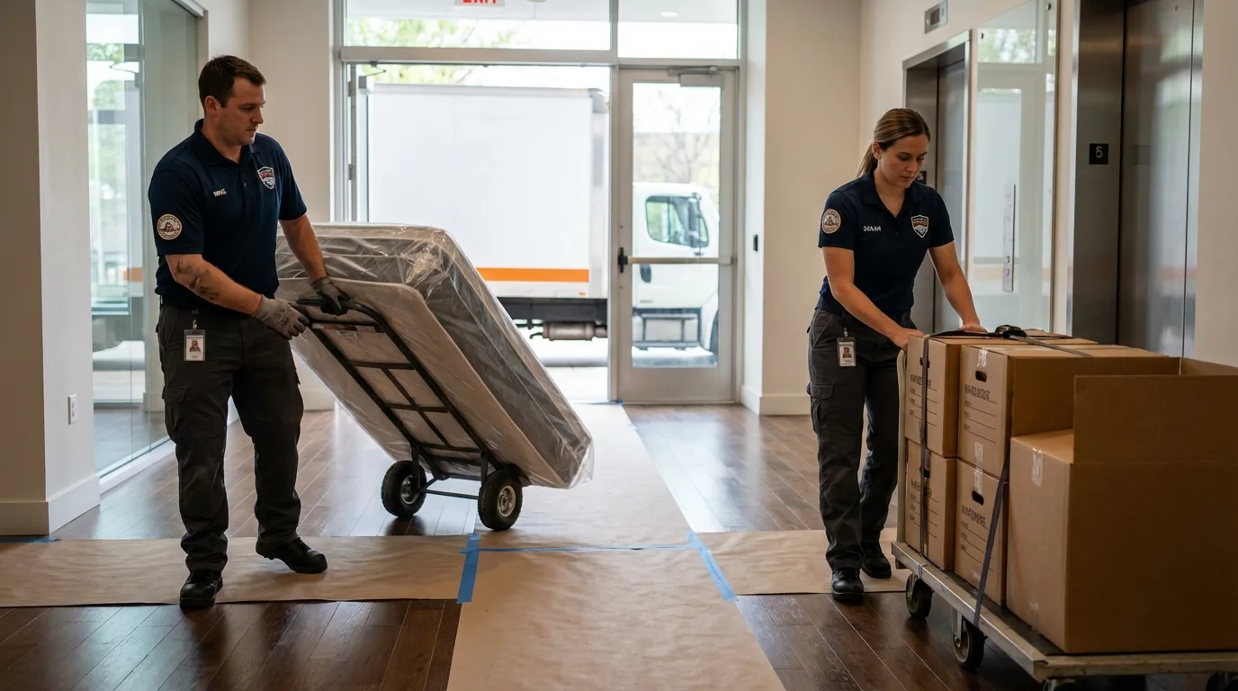 Professional apartment movers loading elevator in Gering, NE